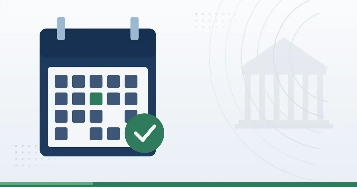 Navy wall calendar with one date marked in green and a green checkmark badge in the corner