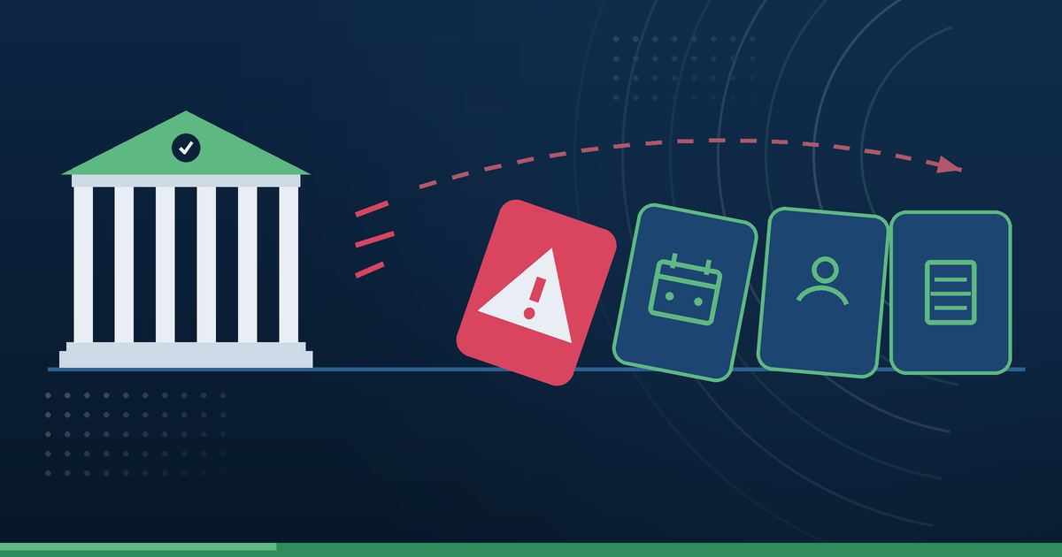 A warning card tipping into a row of scheduling, admissions, and records cards beside a columned academic building