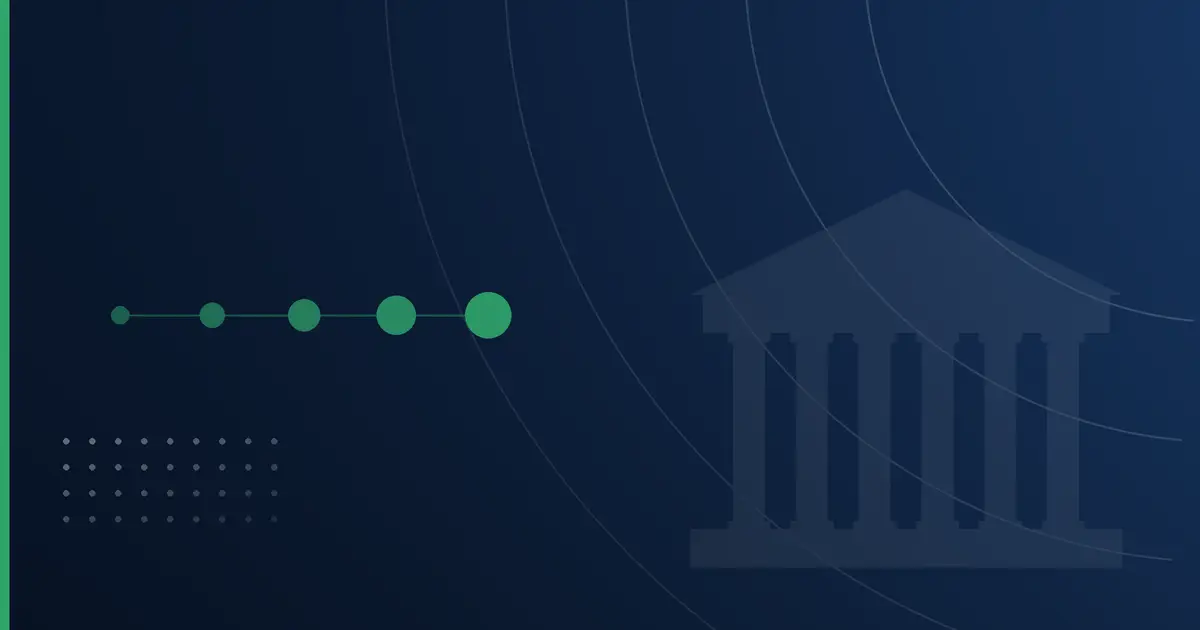 Navy gradient banner with five green dots connected in a row and a faint white columned building at right