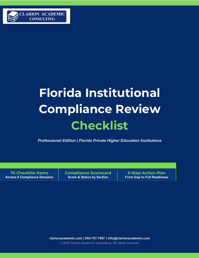 Cover of the Florida Institutional Compliance Review Checklist, Professional Edition, from Clarion Academic Consulting