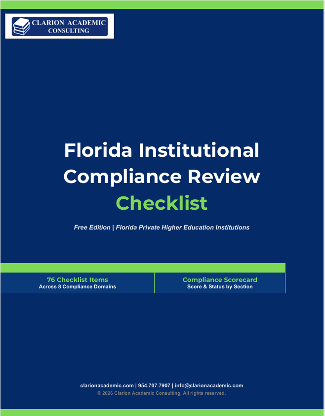 Cover of the Florida Institutional Compliance Review Checklist, Free Edition, from Clarion Academic Consulting