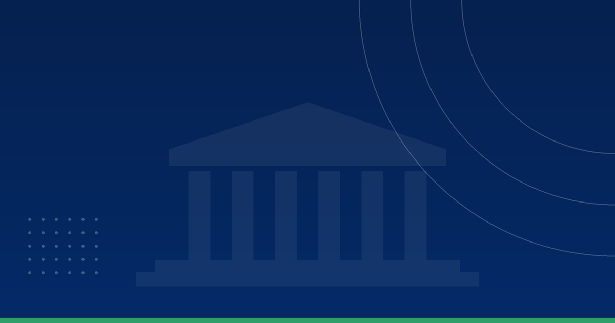 Navy banner with a faint columned building, thin concentric arcs, dot grid, and green accent bar