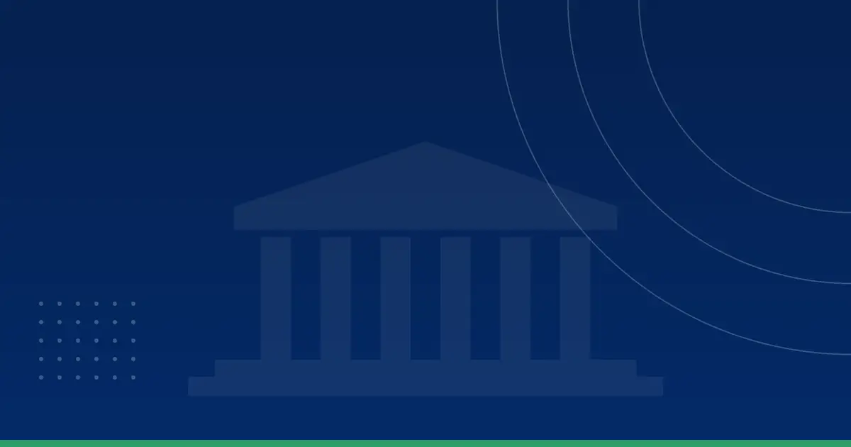 Navy banner with a faint columned building, thin concentric arcs, dot grid, and green accent bar