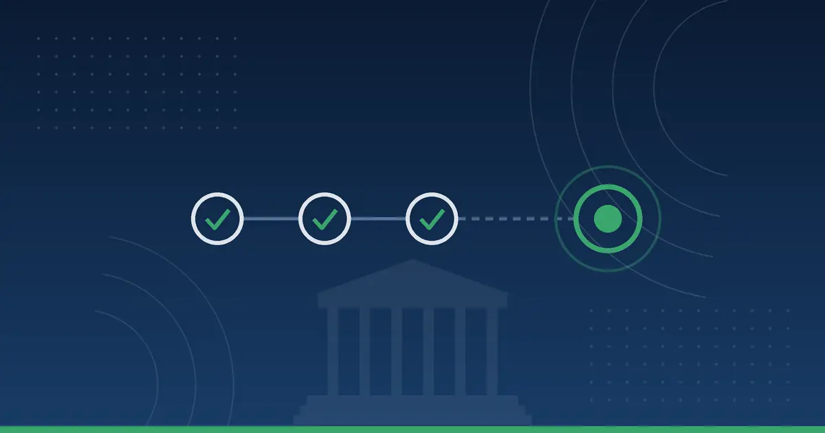 Three white checkmark circles connected in a row leading to a green target marker, over a faint columned building