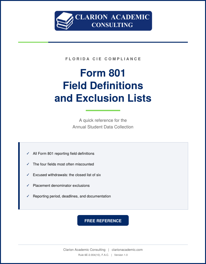 Cover of the Form 801 Field Definitions and Exclusion Lists free reference from Clarion Academic Consulting