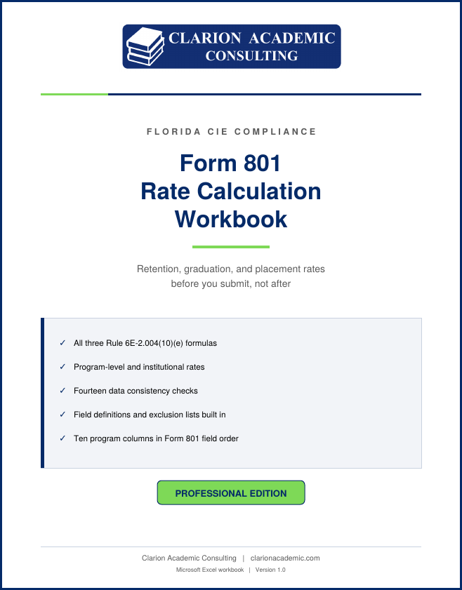 Cover of the Form 801 Rate Calculation Workbook, Professional Edition, from Clarion Academic Consulting